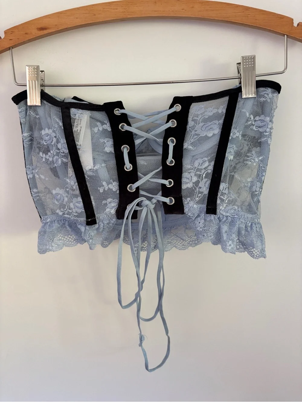 Out From Under Bow Down To Me Velvet & Lace Corset Bustier Top Black Light Blue